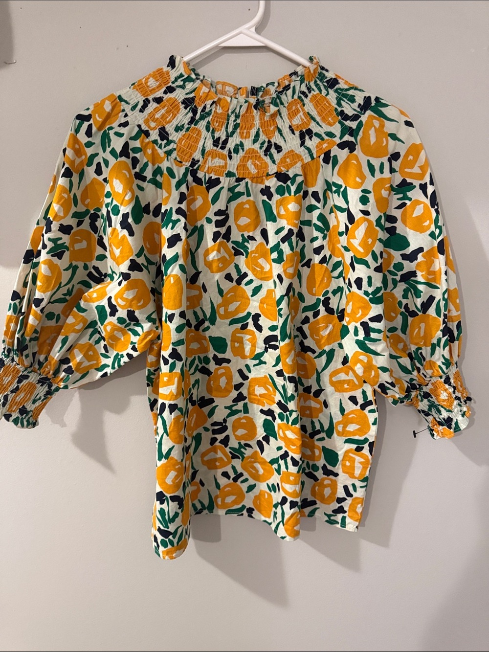 ODDY Yellow Floral Smocked Neck Blouse with Green Accents